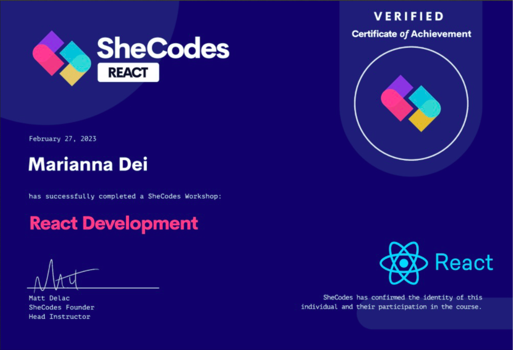 SheCodes React certificate preview